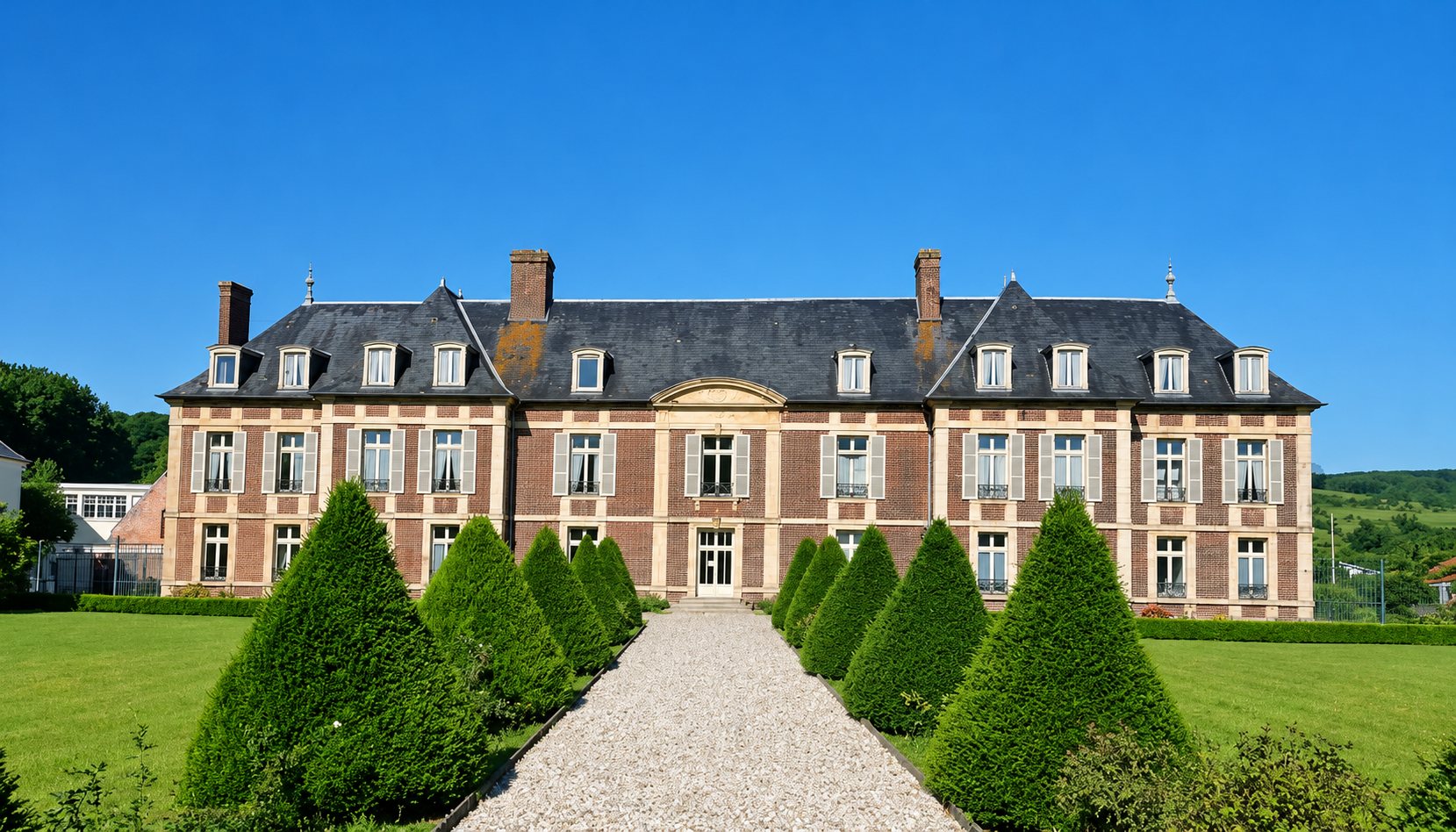 Façade d'un château en brique rouge et pierre aux toits d'ardoise, précédée d'une allée de gravier bordée d'ifs taillés en cône et de pelouses, sous un ciel bleu.