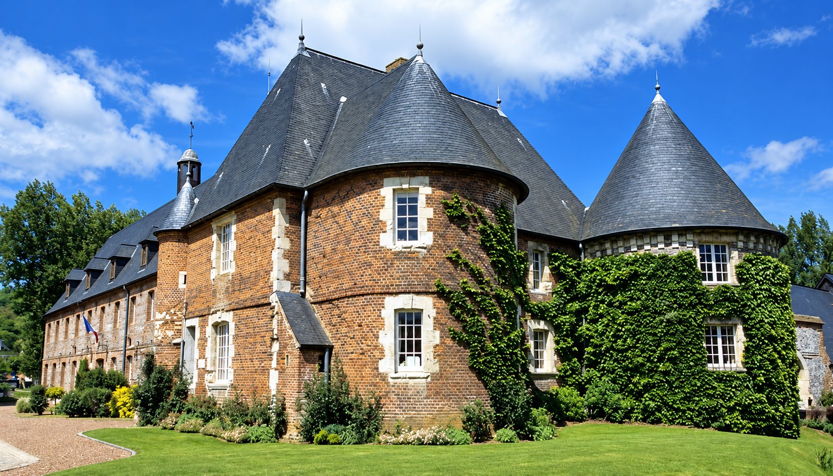 Un manoir en briques rouges et pierres claires, avec deux tours rondes coiffées d'ardoise, partiellement couvert de lierre, au milieu d'une pelouse sous un ciel bleu.