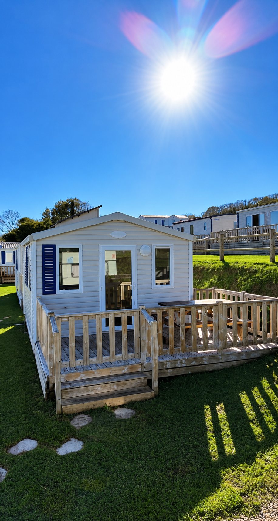 Un mobil-home blanc et beige avec une terrasse en bois entourée d'une balustrade, installé sur l'herbe d'un camping sous un grand soleil.