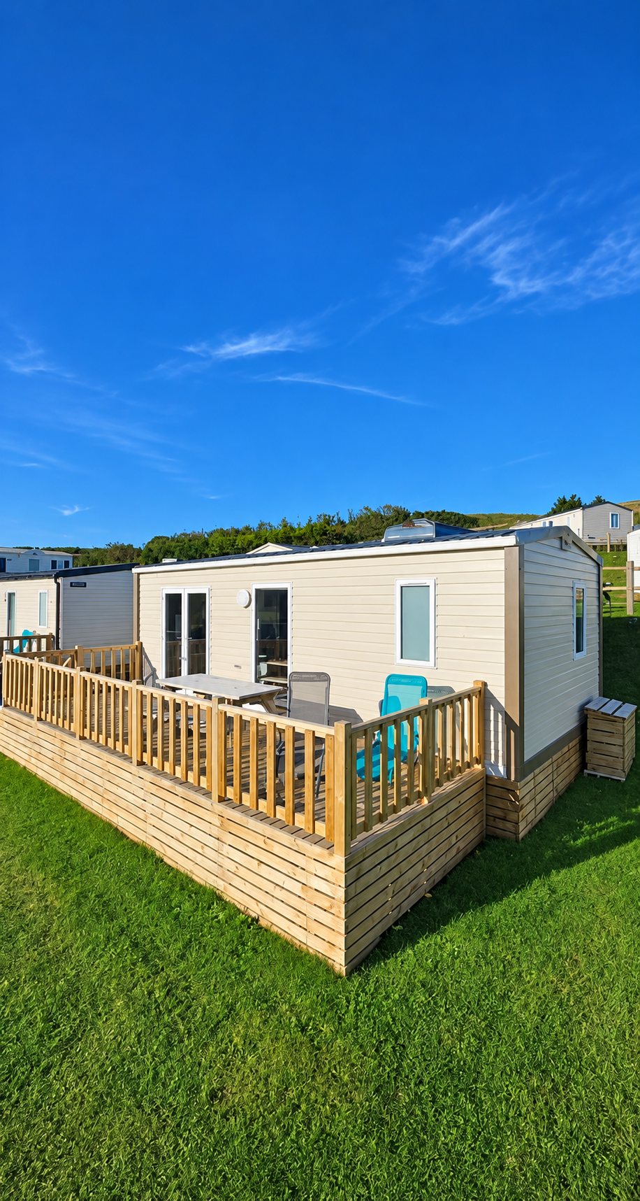 Un mobil-home beige équipé d'une terrasse en bois avec garde-corps, table et chaises, posé sur une pelouse verte face à une colline sous un ciel bleu.